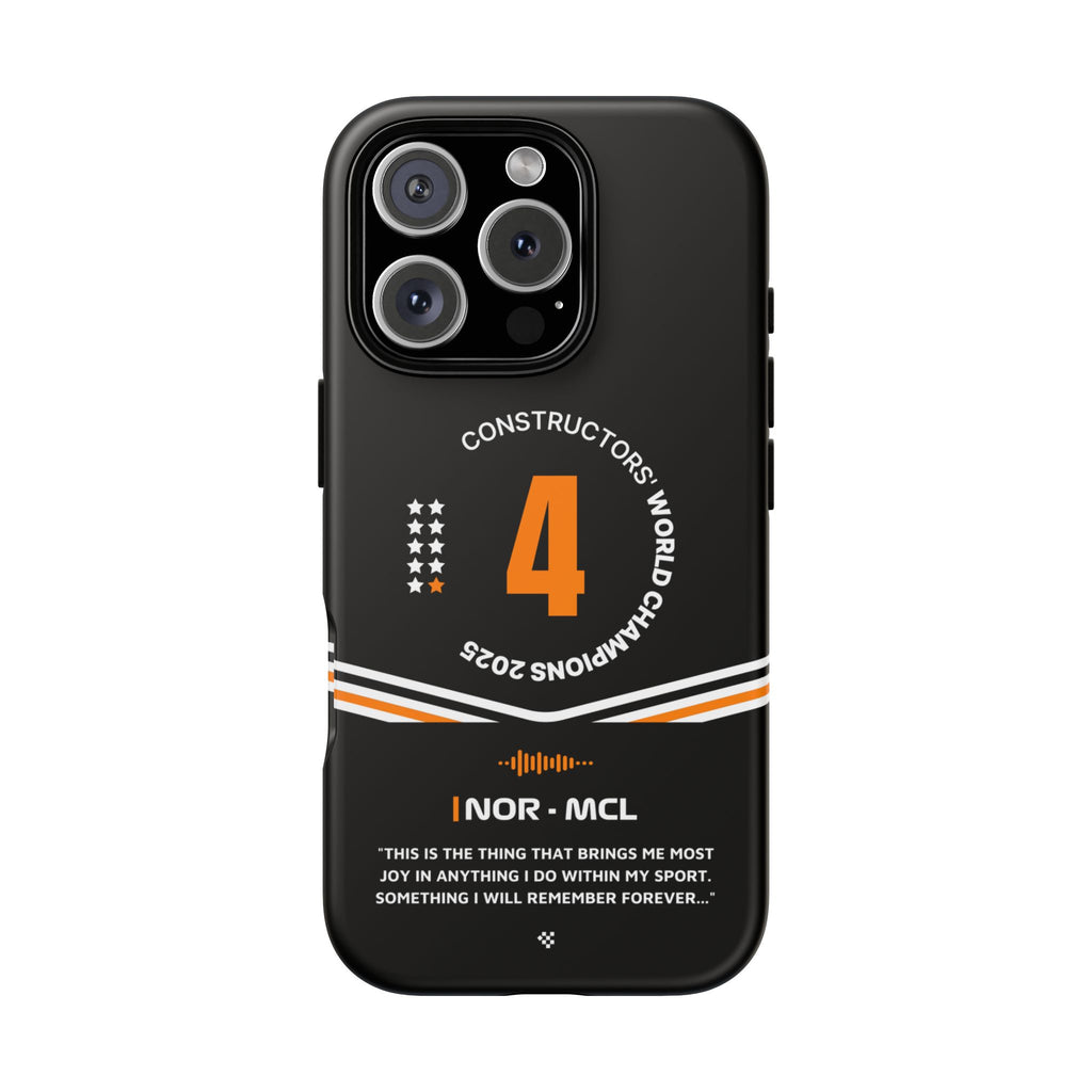 Lando Norris F1 2025 WCC phone case featuring #4 race number and Constructors World Champions 2025 design.