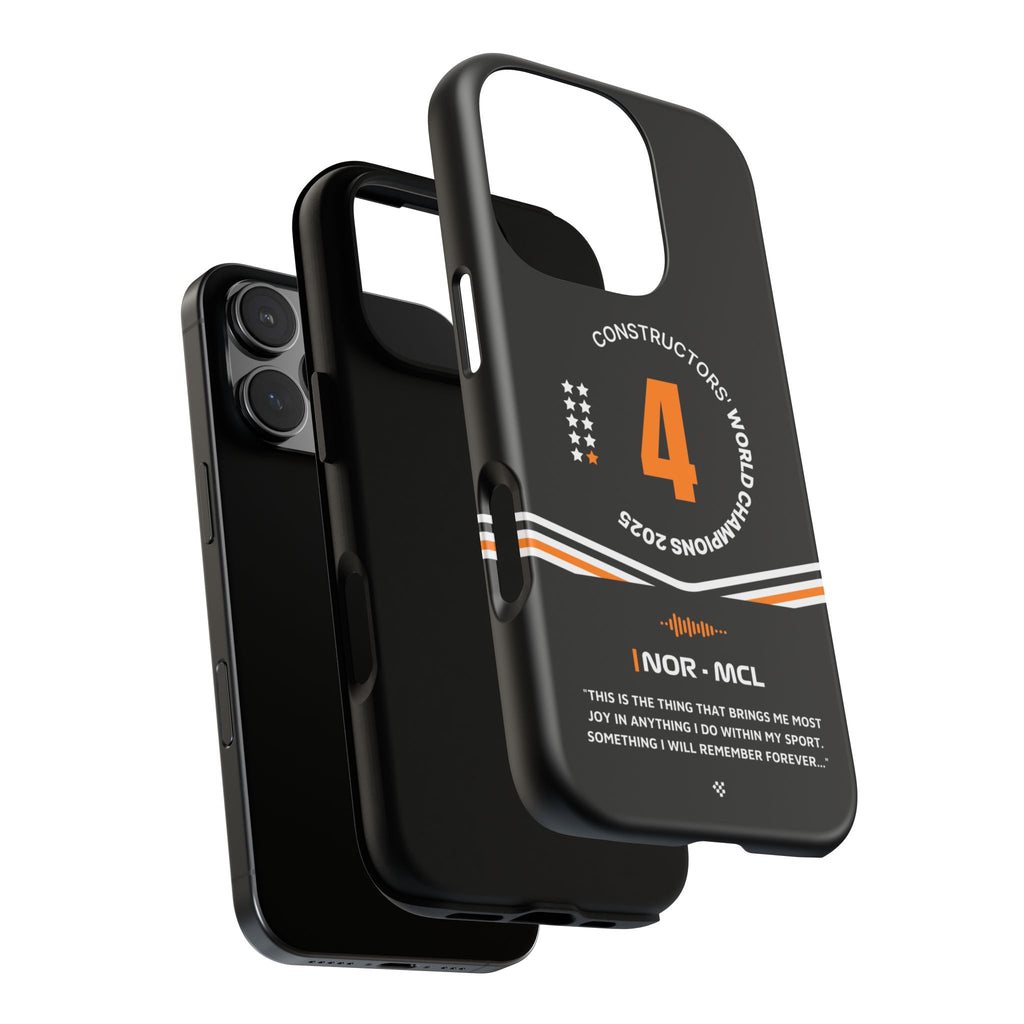Lando Norris F1 2025 WCC phone case showcasing #4 race number and bold design for McLaren fans.