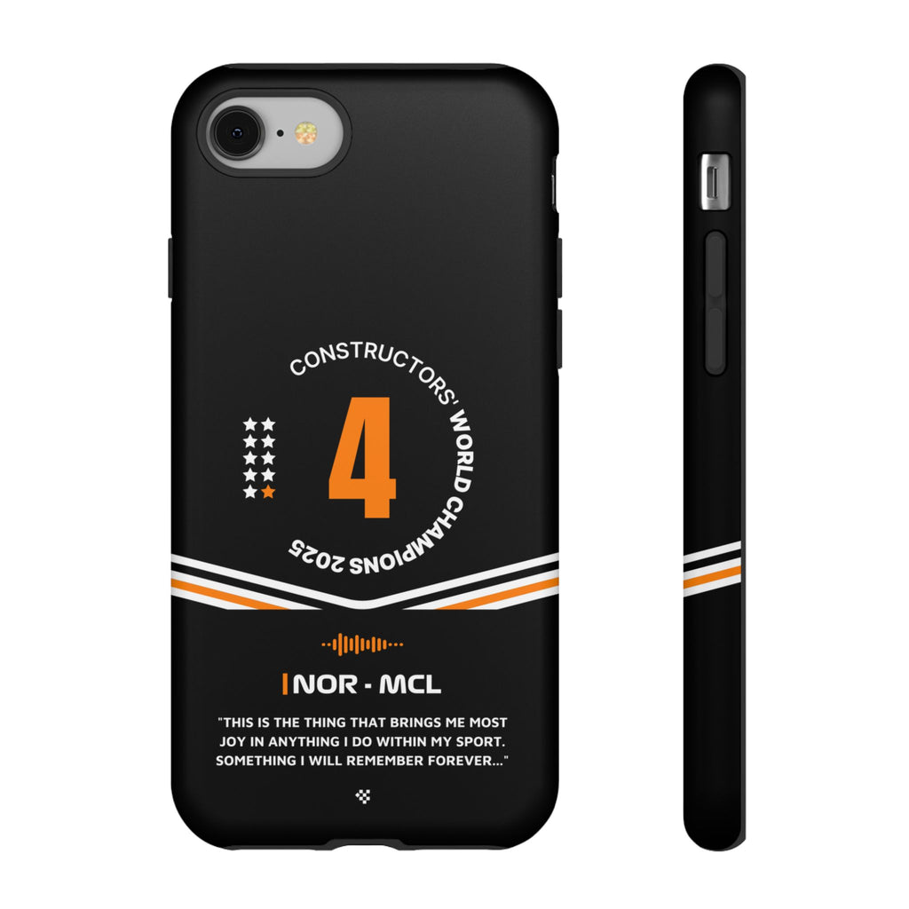 Lando Norris F1 2025 WCC phone case featuring #4 race number and Constructors' World Championship design.